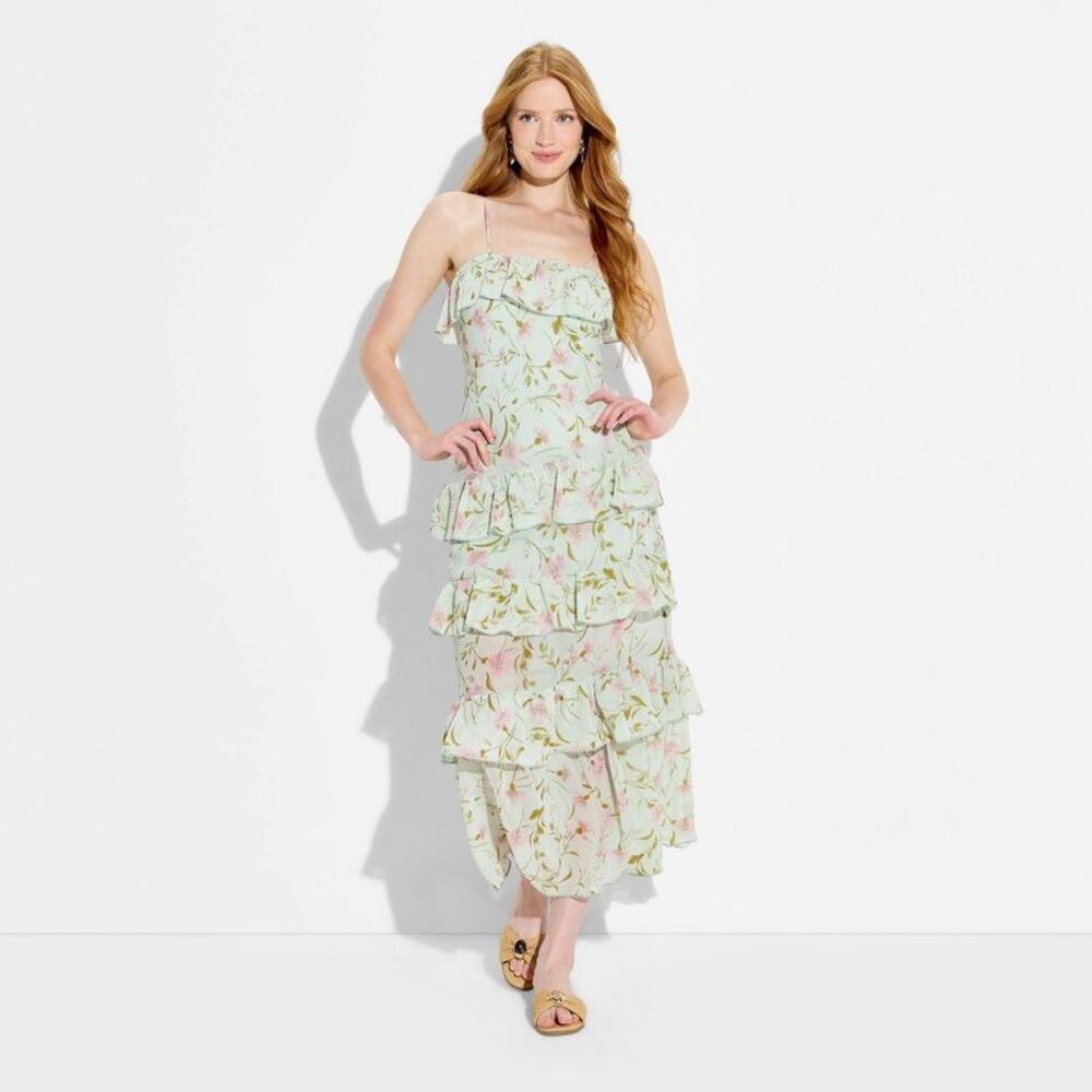 Women's Flounce Tiered Maxi A-Line Dress - Wild Fable Green Floral M